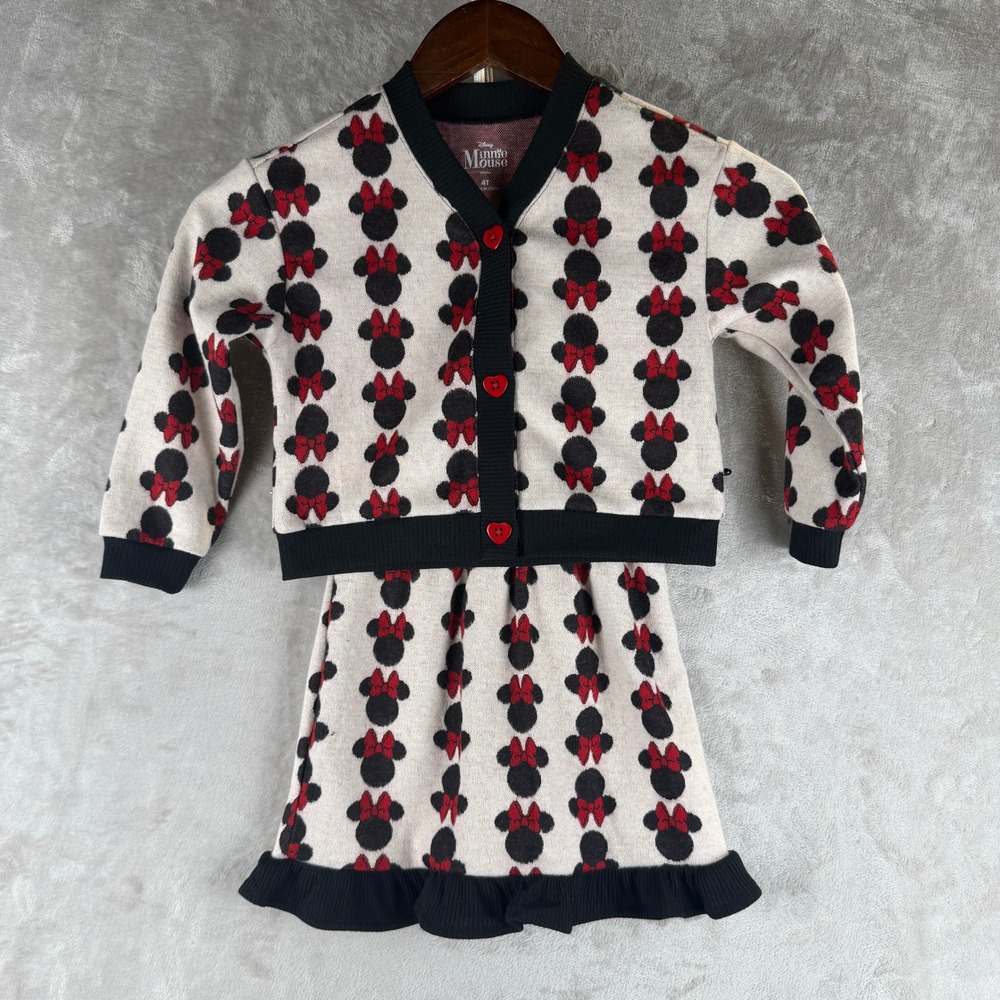 Disney Minnie Mouse Girls 4T Cardigan and Skirt Set Knit Heart Buttons Red Black